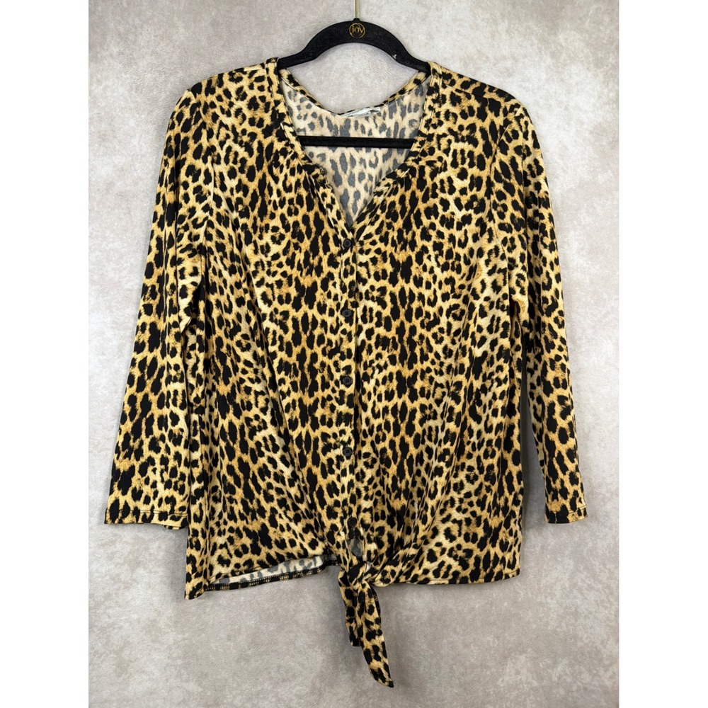 Y2K Jaclyn Smith Collection Women L Leopard Print Tie Front Button V-Neck Brown